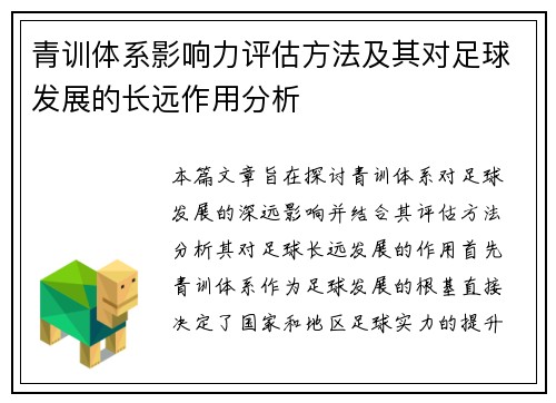 青训体系影响力评估方法及其对足球发展的长远作用分析