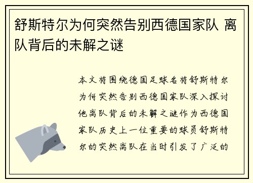 舒斯特尔为何突然告别西德国家队 离队背后的未解之谜 舒斯特尔为何突然告别西德国家队 离队背后的未解之谜