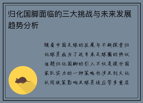 归化国脚面临的三大挑战与未来发展趋势分析