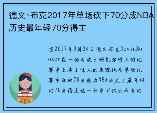 德文·布克2017年单场砍下70分成NBA历史最年轻70分得主